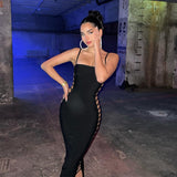 Hulianfu Elegant Side Hollow Out Backless Sexy Midi Dress For Women Gown Summer New Spaghetti Strap Sleeveless Club Party Dress