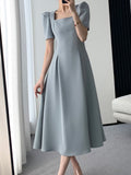 Hulianfu Vintage Square Collar Casual French Midi Dress for Women Elegant Party Ladies Pleated A-Line Femme Fashion Bodycon Dress Summer