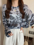 Hulianfu Tie Dye Long Sleeve T-shirts Women Breathable Summer O-neck Design Mesh Sun-proof Loose Tshirts Korean Style All-match Tops Chic