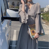 Hulianfu V Neck Flare Sleeve White Dress Fashion French Style Long Sleeve Dress for Women Elegant Chic Midi Vintage Dress