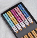 HULIANFU Reusable 5 Pair Set Handmade Bamboo Japanese Natural Wood Chopsticks Sushi Food Cat Flower Multi color Wooden Chop sticks