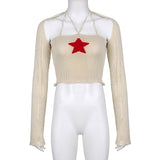 Hulianfu Knit Two Piece Set Y2K Star Crop Top And Bolero Cardigan Women Sexy Night Club Festival Outfit Knitwear Co ord Set White Green