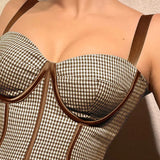 hulianfu Plaid Crop Top Woman Corsets Camisole Harajuku V Neck T-shirt Tunic Vest Bare Shoulder Blouse Bustier Casual Outfits Summer