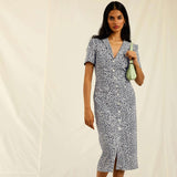 Polka Dot Print Midi Dress Woman Elegant Embroidery Short Sleeve V-neck Vestidos  Summer Femme Vintage Casual Long Robes