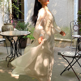 Hulianfu Vintage Korean V-neck Pleated Maxi Dresses for Women Ladies Party Fringed Lace Puff Sleeve Ruffled Lady Dreses Elegant Summer