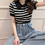 Hulianfu Summer Vintage Striped Polo Collar T Shirts Women's Knitted Short Sleeve Thin Cropped Tshirt Crop Top For Slim Girls