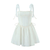 Hulianfu White Strap Dress 2023 Spring Summer New Sexy Holiday Fashion Slim Waist Hollow Tie Short Mini Dress For Women