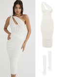 Hulianfu Summer Midi Mesh Dress Bodycon One Shoulder Eveining Night Party Dresse Cut Out Draped Women Birthday Dress Elegant Stretch