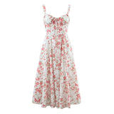 Hulianfu Spring Summer New Vintage Women Chic Lace-Up Slim Hollow Backless Slit Floral Square Collar Strap Long Midi Dress