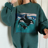 hulianfu Street Fashion Whale Print Pullovers Women Spring Autumn Indie Y2k O Neck Long Sleeve Loose Sweatshirts Vintage Tops New