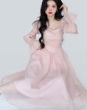 Hulianfu Elegant Evening Party Midi Dress Women Bubble Sleeve French Vintage Sweet Dress Female Pink Korean Style Fairy Dress Autumn