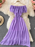 hulianfu Yellow/Purple/White Chiffon Dress Women Sexy Slash Neck Ruffle Robe Elegant Ruffle High Waist Vestidos Female Beach Vacation New