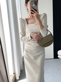 Hulianfu Square Collar Solid Wedding Maxi Dresses for Women Office Lady Bodycon Midi Dress Elegant Korea Fashion Clothes Autumn Robe