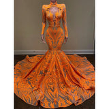 Hulianfu Orange Mermaid Evening Gowns  Party Dress For Womens Blingbling Applique Long Sleeves Occasion Gown Robe De Soir¨¦e