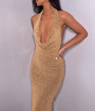 Hulianfu Elegant Gold Sequin Long Party Dresses For Women Sexy Halter Backless Maxi Dress Draped Glitter Luxury Evening Dress