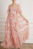 hulianfu hulianfu Vacation Floral Print Long Dress Women Short Sleeve Boho Fairy 3 Layers Mesh Pink Fit Flare Party Vestidos Runway Clothes F281