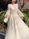 Hulianfu Floral Dress for Women New Fashion Spring Fairycore Square Collar Puff Sleeve Midi Dress Elegant Lace-up Y2k Dress