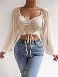 Hulianfu Fashion Sexy Low-cut Long Sleeve Crop Tops Women 2023 Summer Autumn Slim Solid Top Femme And Blouses Chiffon Shirt