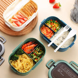 HULIANFU Lunch Box 2 Layers Grids Student Office Worker Microwave Hermetic Bento Box Outdoor Picnic Fruit Food Container with Fork Spoon