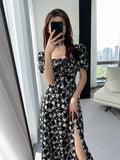Hulianfu Vintage French Sexy Bodycon Black Floral Square Collar Office Lady Midi Chiffon Dress Women Party Elegant Clothes Summer