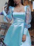 hulianfu  Elegant Puff Shoulder Long Sleeve Party Dress Spring Fashion Sexy Square Collar Mini Dress New Women Sheer Mesh Silk Satin Dress