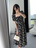 Hulianfu Vintage French Sexy Bodycon Black Floral Square Collar Office Lady Midi Chiffon Dress Women Party Elegant Clothes Summer
