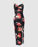 Hulianfu Sexy Spaghetti Strap Backless Floral Midi Bodycon Dress Women 2023 Summer Black  Metal Chain Party Long Dresses For Women