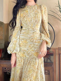 Hulianfu Floral Print Lace Midi Dresses for Women Clothing Elegant Long Sleeve Folds Party Prom Female Beach Bodycon Dress Summer 2023