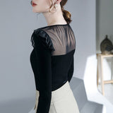 Hulianfu New Women Patched Mesh Crew Collar Elegant T Shirts Lady Ruffles Long Sleeve Velour Tops Tees T-Shirt For Women
