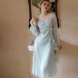 hulianfu New Silk Nightgown Sleepwear Dress Lady Summer Sleepshirt Long Sleeve Nightdress Loose Women Princess Satin Pajamas