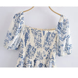 Hulianfu New Summer Women Vintage Fruit Floral Print Square Neck Puff Sleeves Elastic Sexy Side Slit Long  Midi Dress