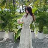 Hulianfu Summer Basic Long Dress Long Sleeve V-Neck Floral Printed Retro Vintage A-Line Women Dresses Chic Korea Fashion Vestidos