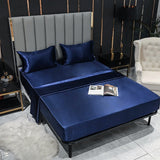 HULIANFU Luxury Bed Sheet Set Satin Silk Fitted Sheet Height 35cm 4pcs Sheet Set Queen King Flat Sheet Set Soild Color Bedding Set