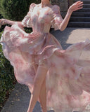 Hulianfu Floral Summer Dress New Fashion Fairycore Puff Sleeve Ball Gown Birthday Dress for Women Short Sleeves Midi Dress