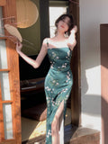 Hulianfu Women Slash Neck Sexy Strapless Retro Green Printing Elegant Temperament Fitting Suspender Slit Bodycon Long Midi Dress Summer