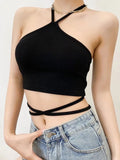Hulianfu Women Halter Tie Back Cropped Camisole Halter Neck Tie Waist Tank Top