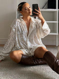 hulianfu Winter Y2K Green Fashion  Elegant Sequins Shirts Women Long Sleeve V Neck Party Sexy Club Long Casual Blouse Shirt