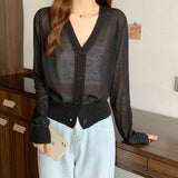 Hulianfu Summer V Neck Cardigan Women Casual Transparent Sweater Shirts Lady Simple Thin Solid Outwear Female Crop Top