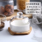 HULIANFU New Ceramic Dessert Bowl Snack Dish Taste Fruit Salad Ice Cream  Pudding Cup With Bamboo Tray Glass Cover Creative Tableware