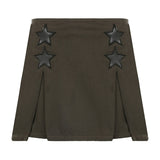 Hulianfu Women Y2K Grunge Denim Skirt with Star Pattern Patchwork Summer Zipper High Waist Pleated A-line Mini Skirts Fashion Clothes