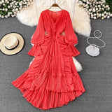 hulianfu Holiday Style Ankle Length Long Dresses Women  Spring New V Neck Puff Sleeve Lace Elegant Evening Party Summer Dress