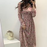 Hulianfu New Flower Dress Women Floral Chiffon Clothes Maxi Dresses Beach Elegant Autumn Pink Korean Long Sleeve V Neck Vestidos De Mujer
