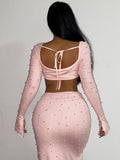 Hulianfu Autumn Pearl Diamonds Suit Women Two Piece Set Folds Polo-Neck Cropped Top Split Long Skirts Outfits Vacation Party