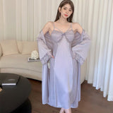 hulianfu Lace Nighty&Robe Set Kimono Bathrobe Gown Sleep Suit Women Sleepwear Nightwear Loungewear Spring Summer Satin Home Dress