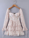 hulianfu Lolita Women's Mini Dresses Flower Printing Square Neck Robes for Women Sweet SLady Long Sleeve Ruffles Ladies Veastidos