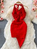 Hulianfu Summer Women Dress Sexy Lace-up Halter Sleeveless Sequins Party Dress High Waist Drawstring Ruched Irregular Backless Club Dress