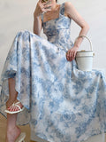Hulianfu Print Dress for Women 2023 Fashion Fairycore Spaghetti Strap Summer Dress Chic Elegant Square Collar Slim Midi Dress