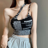Hulianfu irregular spaghetti strap tank top woman newspaper letter print wirefree bra camis for women camisole new trend