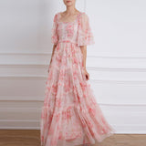 hulianfu hulianfu Vacation Floral Print Long Dress Women Short Sleeve Boho Fairy 3 Layers Mesh Pink Fit Flare Party Vestidos Runway Clothes F281