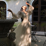 Hulianfu Vintage Korean V-neck Pleated Maxi Dresses for Women Ladies Party Fringed Lace Puff Sleeve Ruffled Lady Dreses Elegant Summer